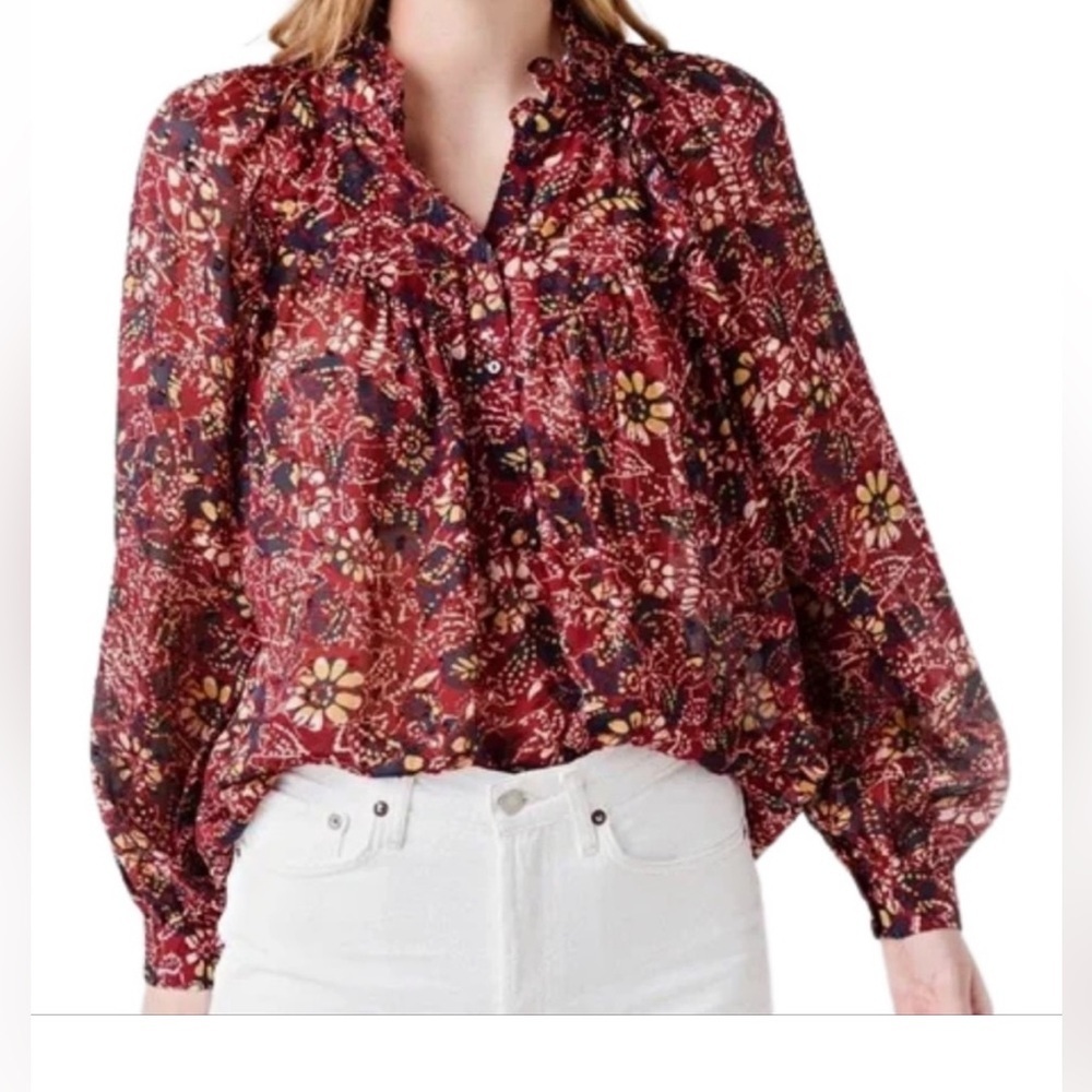 Ba&sh Gaelle Chiffon Floral Print Ruffle Trim Blouse in Bordeaux MED